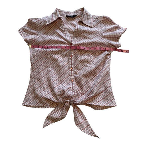 Dorothy Perkins Short Sleeve Tie Front Snap Button Plaid Blouse - Size Medium - Picture 9 of 14